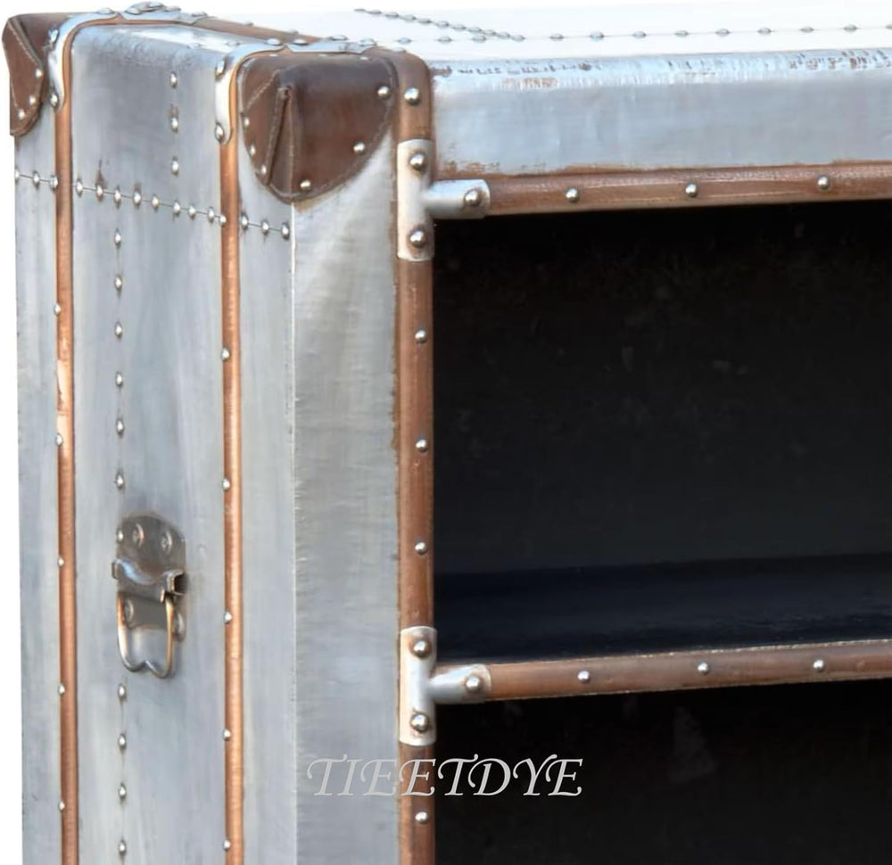 Aviator Side Table & Compact Bookcase with Aluminum Finish and Riveted De...