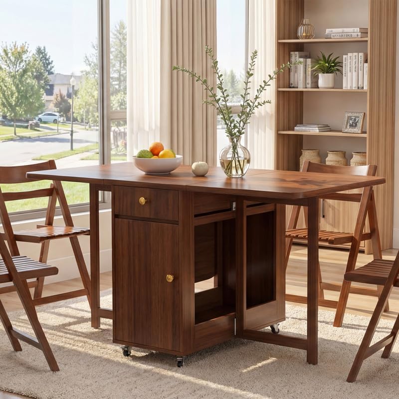 Folding Drop Leaf Dining Table and Hidden Chairs for Small Spaces Kitchen | F...