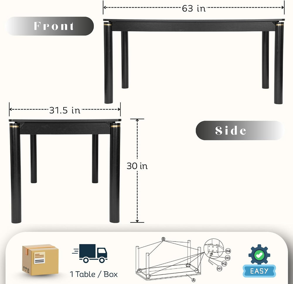Hyfirm 63 Inch Black Solid Wood Dining Table for 4-6, Mid Century Modern Rect...