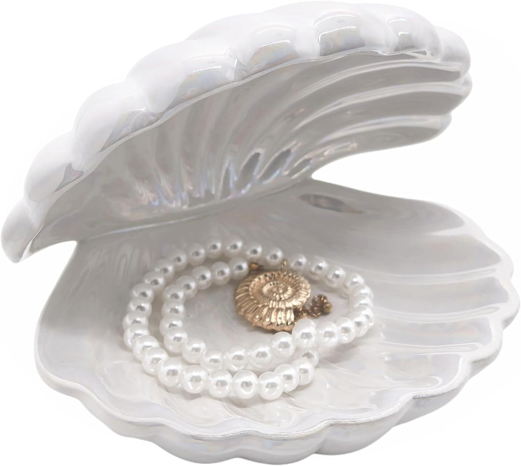 Shell Trinket Dish Ceramic Conch Ring Holder Jewelry Tray Decorative Jewelry Plate Cute Jewelry Organizer for Home Decor (Large Shell White)