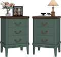 Wnutrees Farmhouse Nightstand with 3 Drawers, Modern Bedside Table, Green | Wood End Side Unit with Round Curved Corner and Metal Handles, Set of 2 Nightstands for Living Room, Hallway