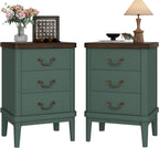 Wnutrees Farmhouse Nightstand with 3 Drawers, Modern Bedside Table, Green | Wood End Side Unit with Round Curved Corner and Metal Handles, Set of 2 Nightstands for Living Room, Hallway