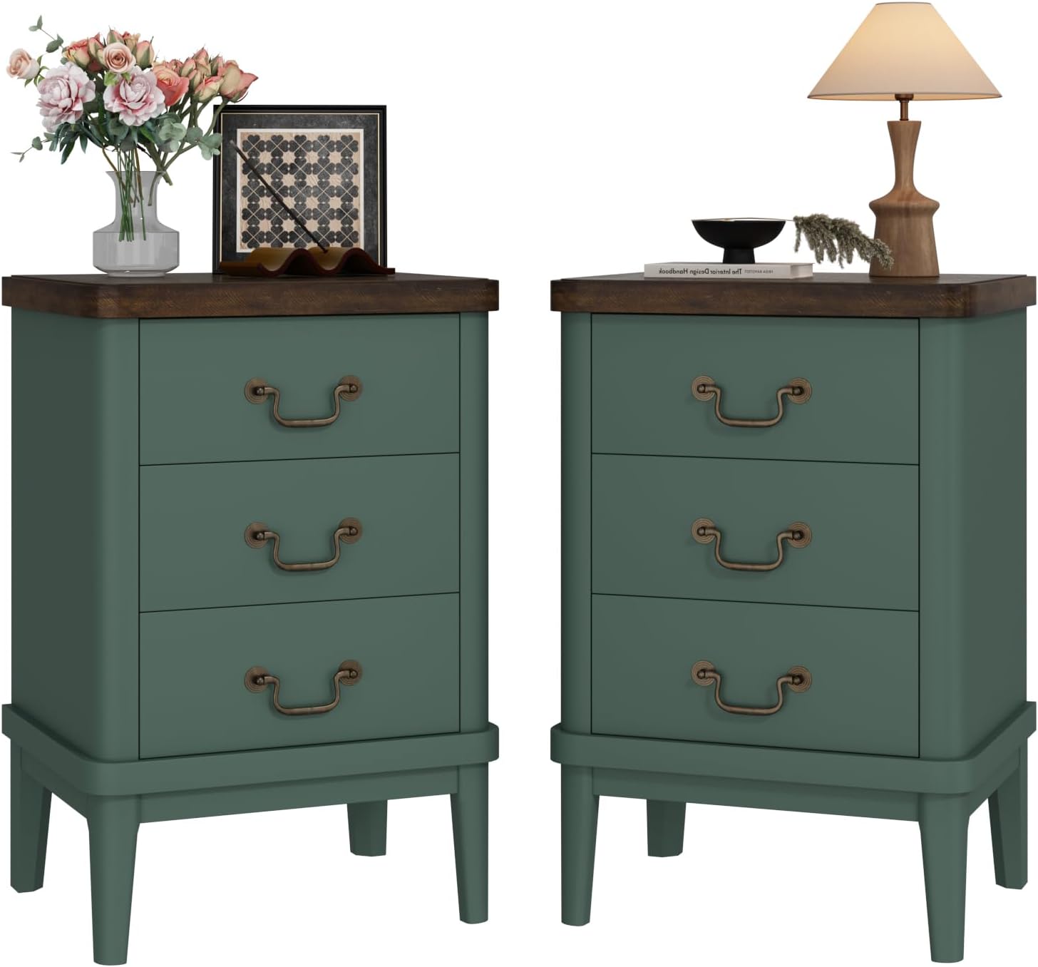Wnutrees Farmhouse Nightstand with 3 Drawers, Modern Bedside Table, Green | Wood End Side Unit with Round Curved Corner and Metal Handles, Set of 2 Nightstands for Living Room, Hallway