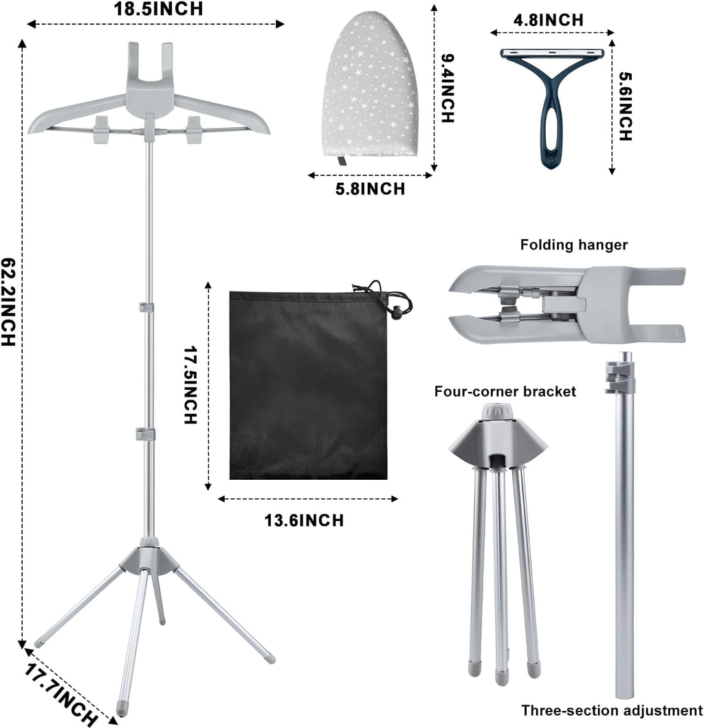 Foldable Garment Steamer Hanger Stand with Ironing Gloves, Adjustable Steamer Rack Included Lint Remover & Storage Bag 2 Clips for Suits Shirts Coats Portable Travel Home Use