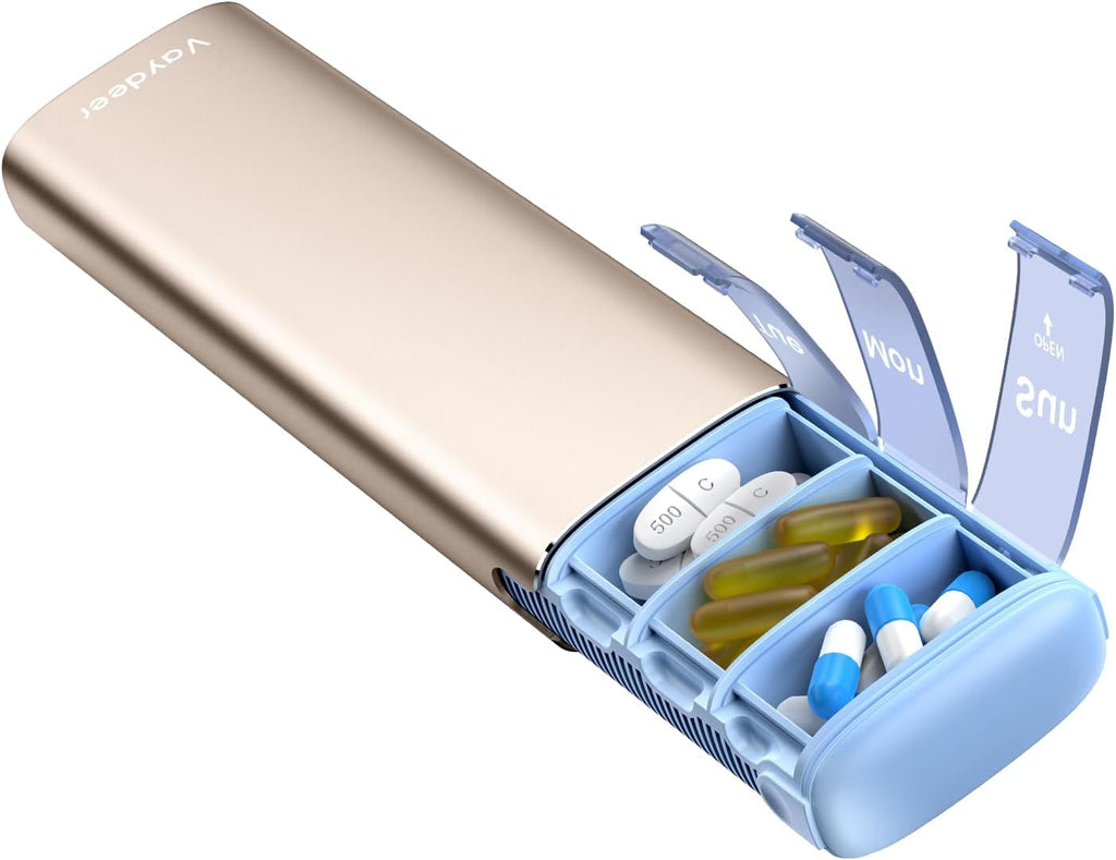 Vaydeer Metal Travel Pill Organizer – Compact Weekly Pill Box for Daily Medication – Portable Small Pill Case for Vitamins, Pills & Supplements (Champagne)