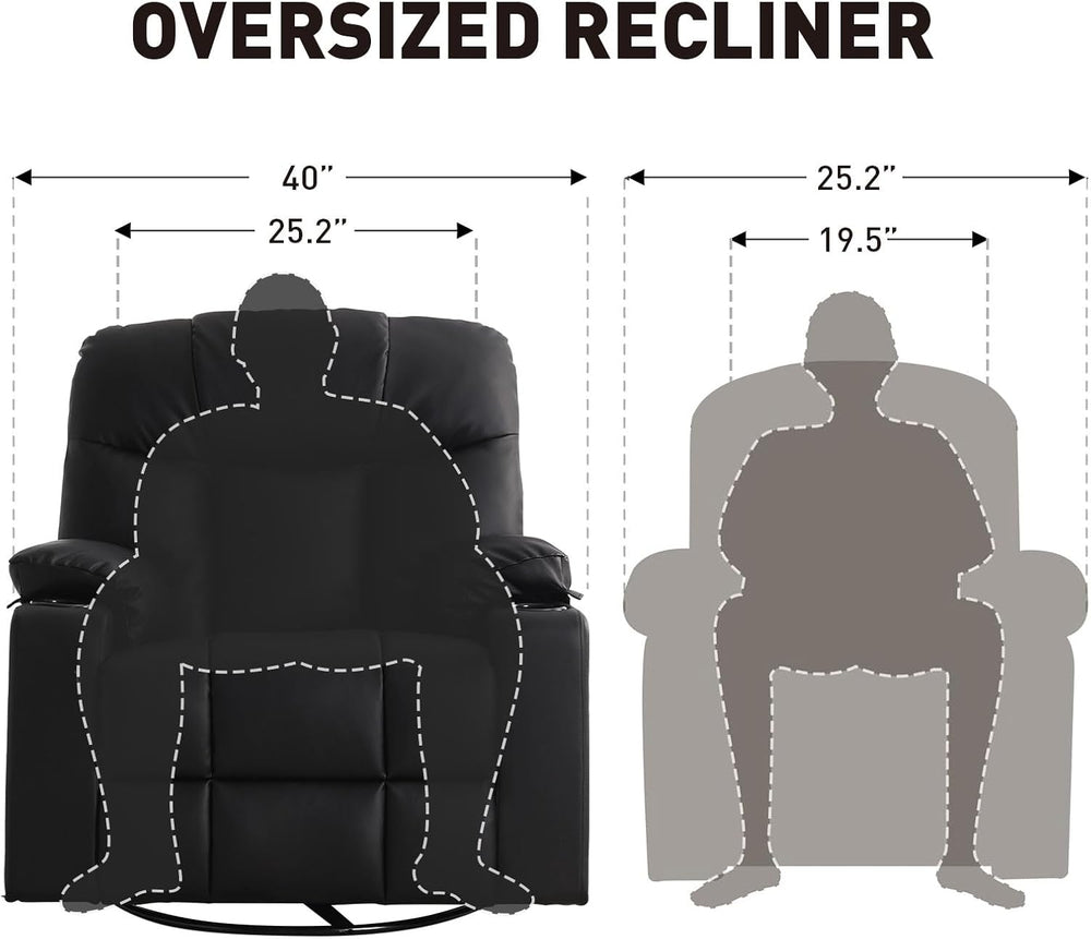 Bonzy Home Oversized Swivel Rocker Recliner, Rocking Recliner Chair, Black