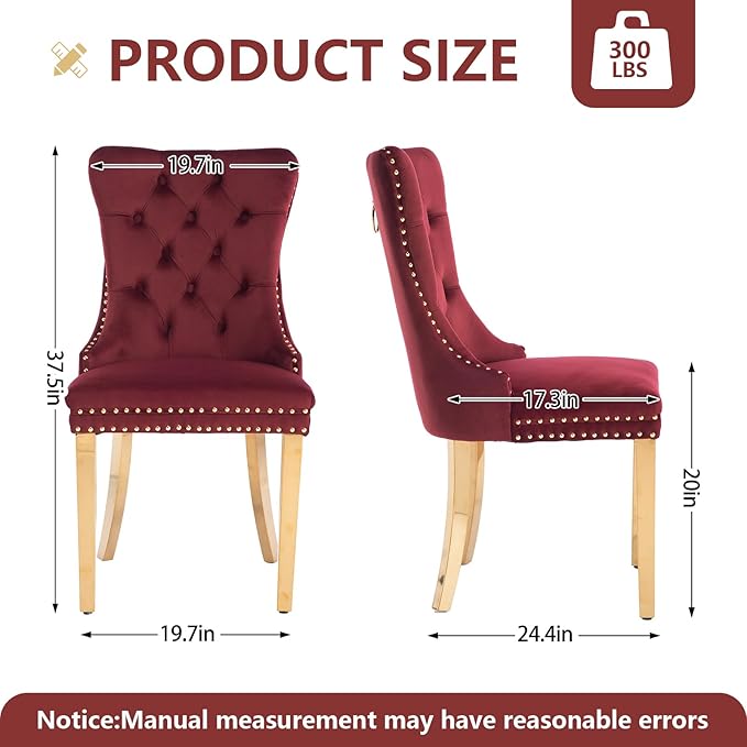 Velvet Dining Chairs Set of 2, Kitchen Chairs Set of 2, Tufted Upholstered Dining Room Chair, Back Ring Pull Trim, Golden Stainless Steel Legs, Wine Red