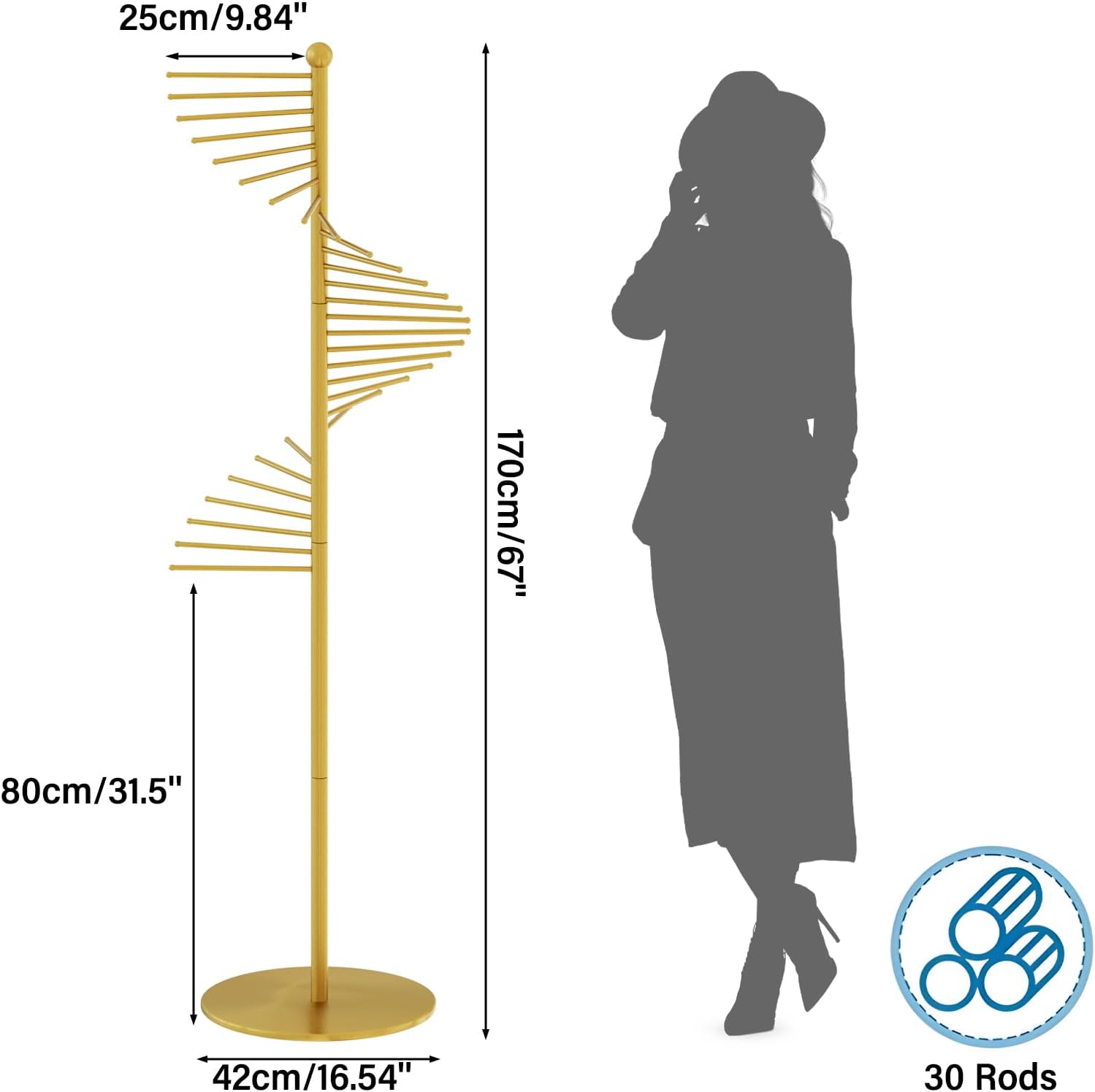 Spiral Scarf Rack, Metal Freestanding Scarf Organizer with 30 Rods, Commercial Hijab Organizer Stand for Home Clothing Store, Space Saving Shelves (Gold)