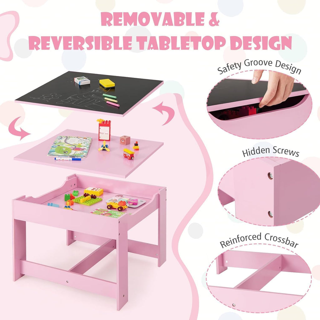 Kids Table and Chairs, 3 in 1 Wooden Kids Table with Storage Drawer, Removable Blackboard, Reversible Tabletop, Toddler Table and Chair Set for Drawing, Reading (Pink)