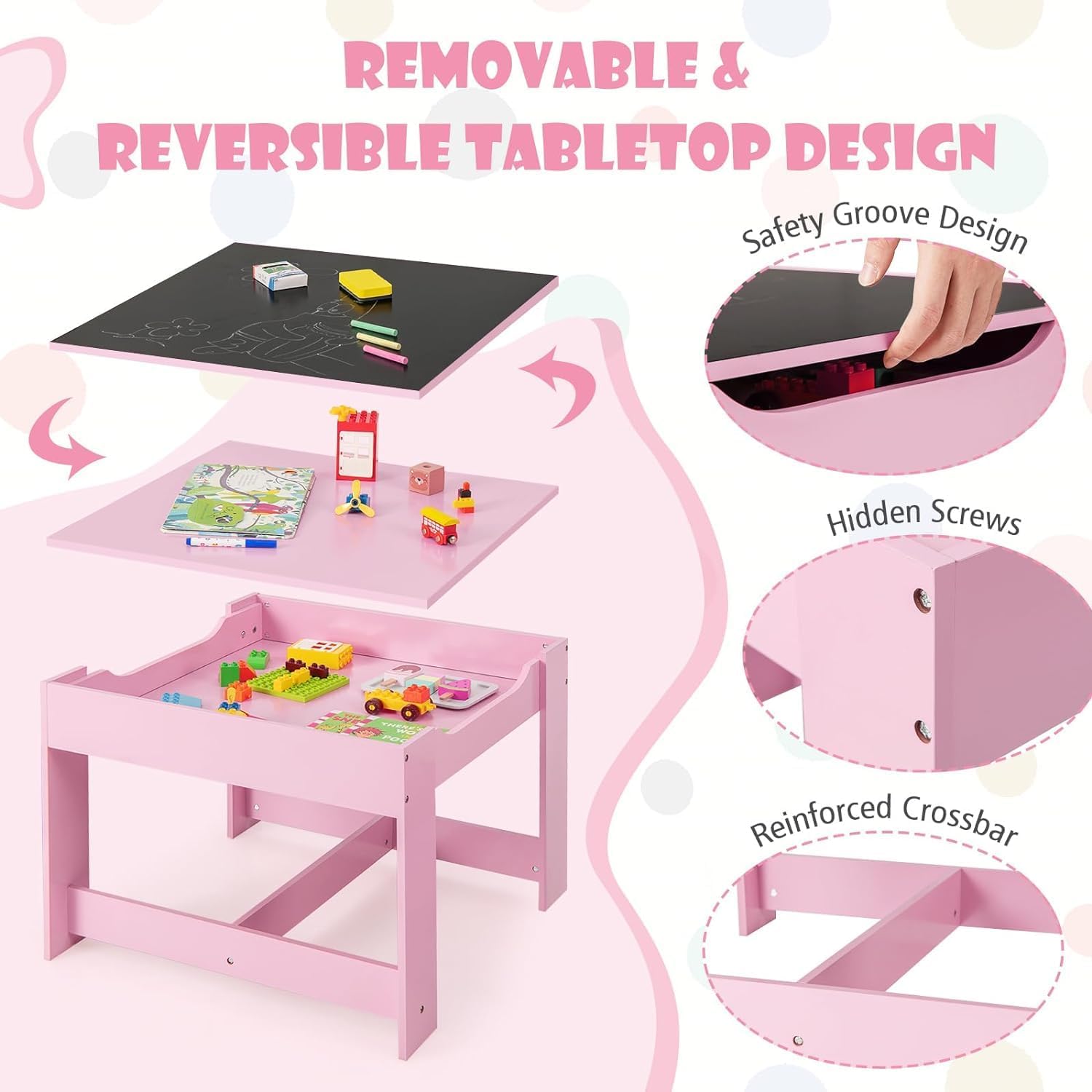 Kids Table and Chairs, 3 in 1 Wooden Kids Table with Storage Drawer, Removable Blackboard, Reversible Tabletop, Toddler Table and Chair Set for Drawing, Reading (Pink)
