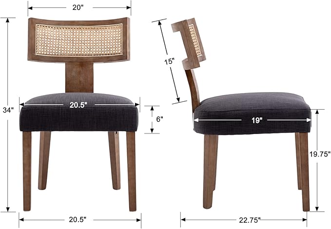 Rattan Dining Chairs Set of 2, Modern Fabric Upholstered Kitchen Chairs, Wooden Dining Room Chair Farmhouse Dinner Chair, Charcoal