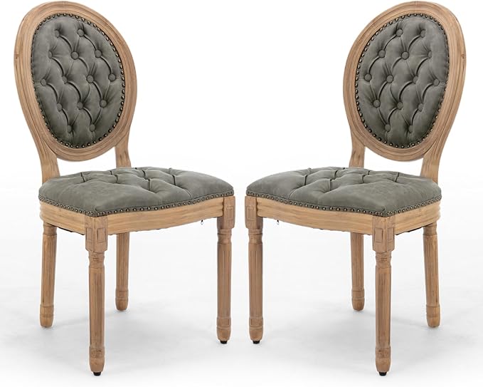 PU Leather Upholstered Dining Chairs Set of 2 French Country Round Back Kitchen Side Chairs with Nailhead Trim and Wood Legs for Dining Room, Kitchen, Restaurant(Pine Green)