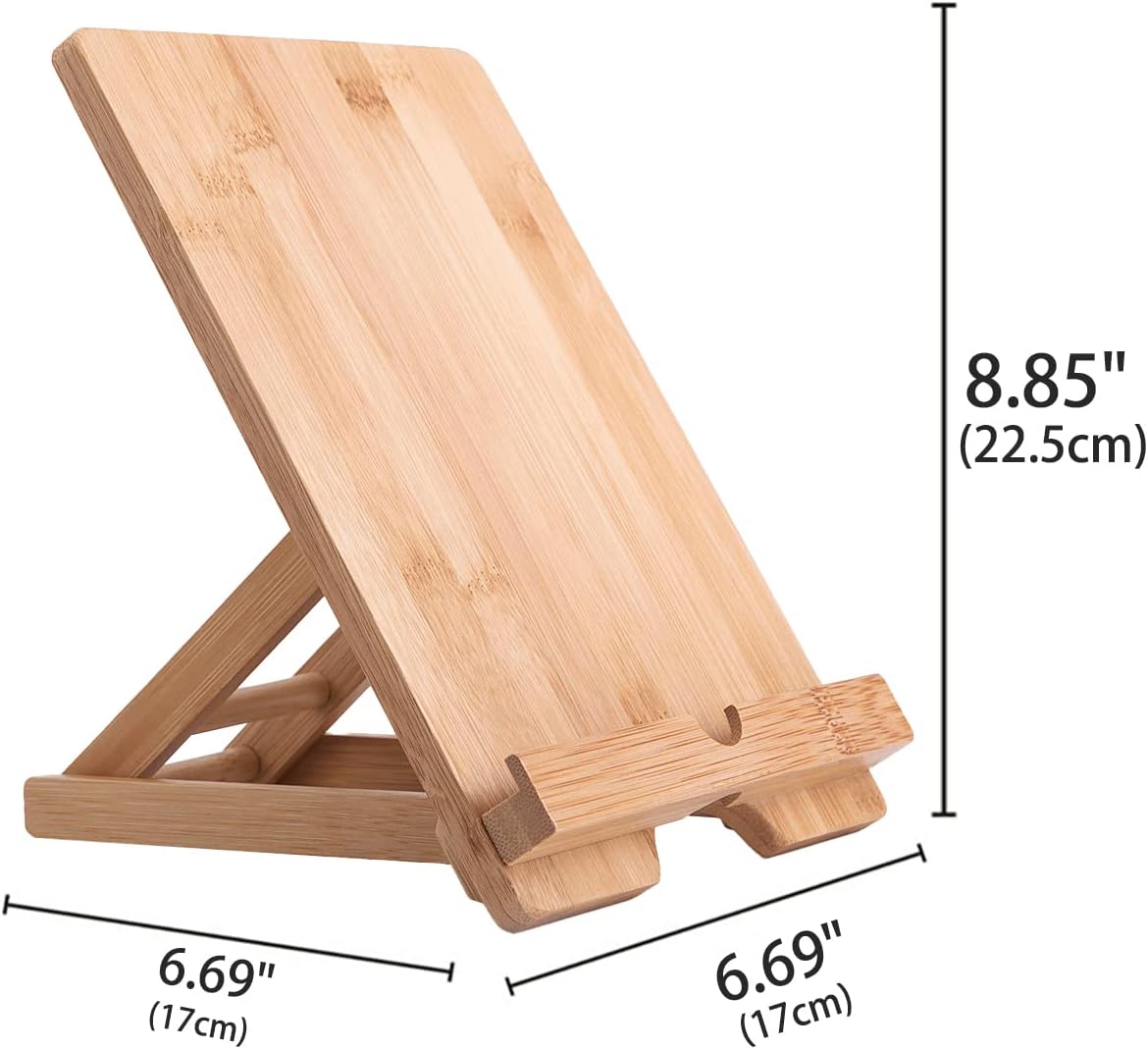 Bamboo Tablet Holder - Adjustable Folding iPad Stand with Charge Port for Desk or Cooking
