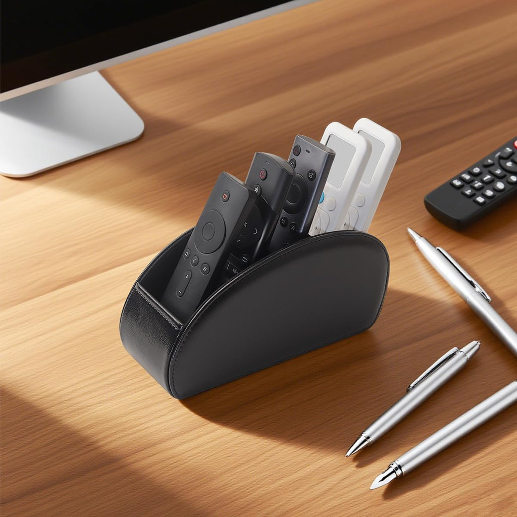 Remote Control Holder, PU Leather Remote Caddy Desktop Organizer with 5 Spacious Compartments for TV Remotes/Media Controllers/Office Supplies(Black)