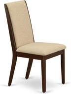 East West Furniture ESLA3-MAH-04 3 Piece Kitchen Table & Chairs Set Contains a Round Dining Room Table with Pedestal and 2 Light Tan Linen Fabric Parsons Chairs, 30x30 Inch, Mahogany