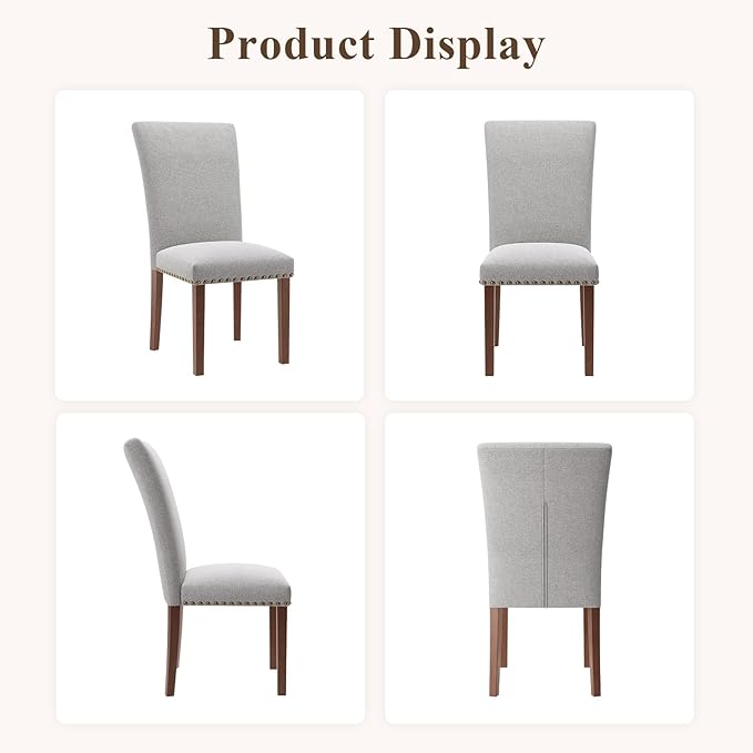 Stylish Dining Chairs Set of 6, Upholstered Parsons Dining Room Chair with Nailhead Trim, Kitchen Room Chair with Thick Cushions and Wood Legs, Nailhead Trim, Light Grey