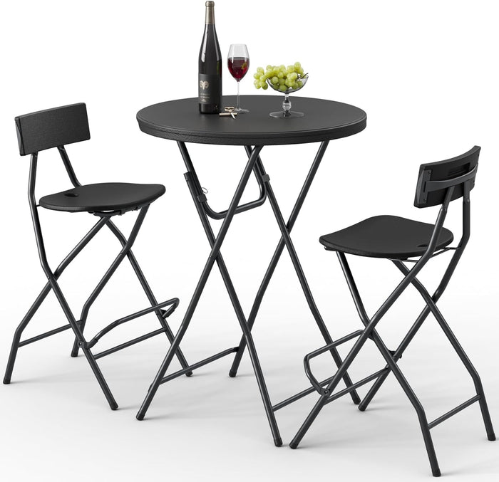 Folding Table Round and Chairs Set for 2, Foldable Bar Table and Stools