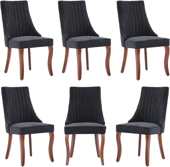 Dining Chairs Set of 6,Comfy Fabric Upholstered Accent Chairs for Kitchen Living Room,Channel Tufted Dining Room Chairs with Curved Solid Wood Legs(Black)
