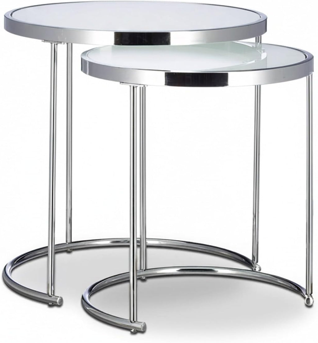 Relaxdays Nesting Round, Chrome Frame, Set of 2, Modern Design-Frosted Glass, Side End Tables, Metal, Silver, 50x50x51 cm