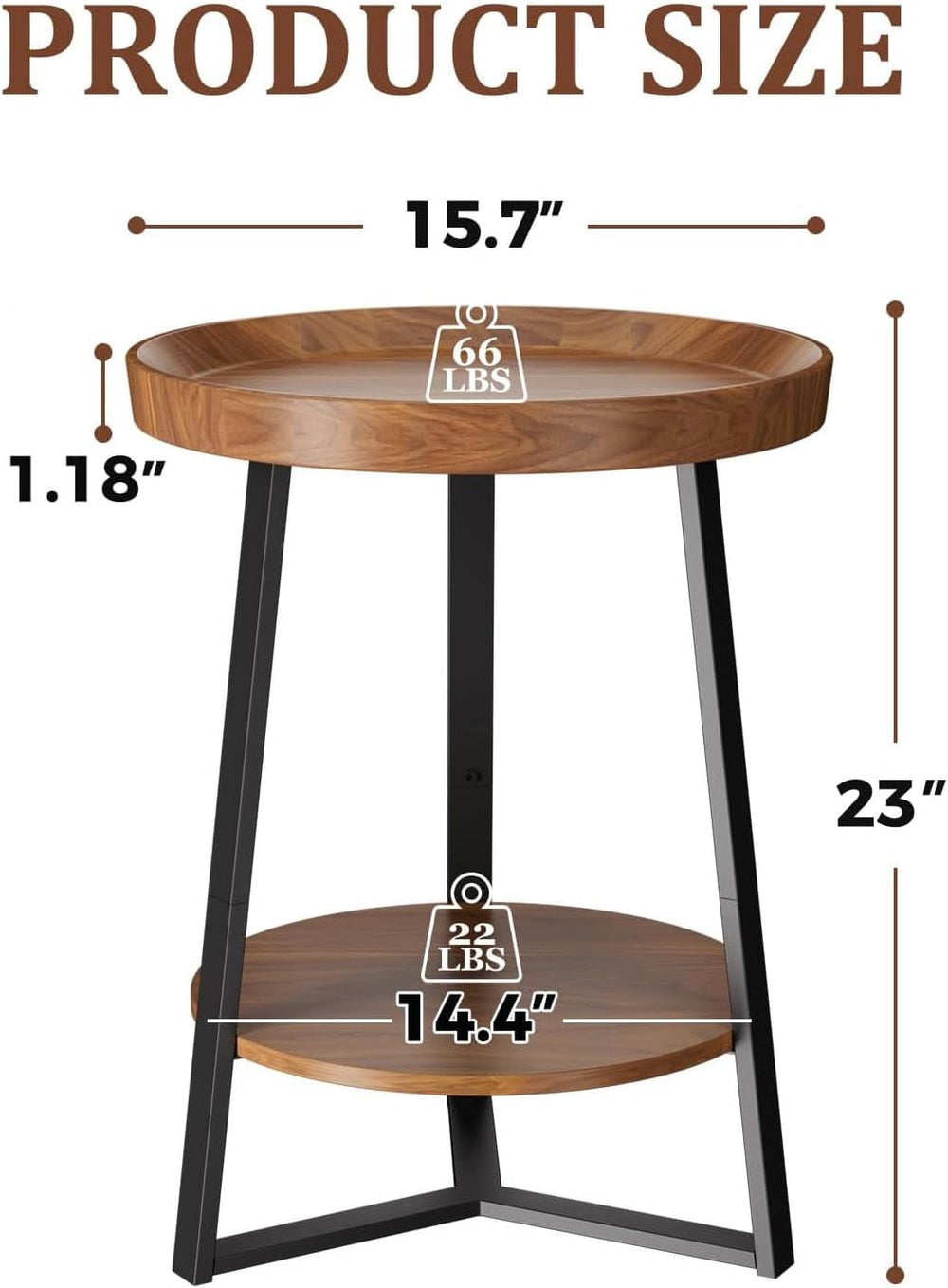 Gadroad Round End Table with Charging Station, Wood Tabletop & Black Meta...