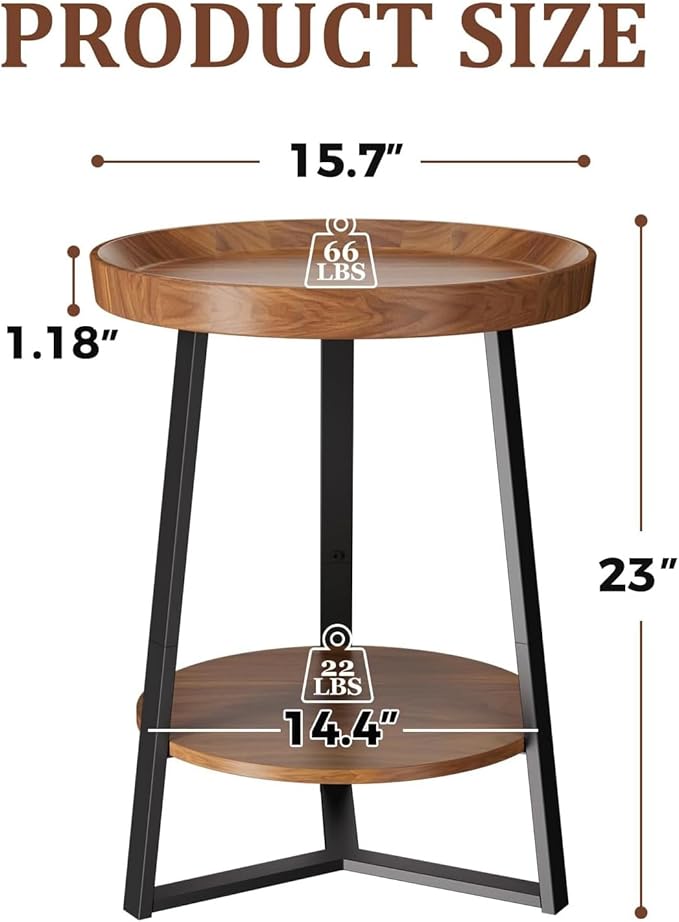 Gadroad Round End Table with Storage Shelf, 2 Tier Farmhouse Side Table Night...