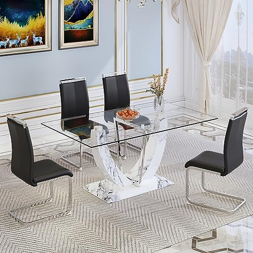 Modern Faux Marble Dining Table Set for 6, 63" Rectangular Kitchen Table...