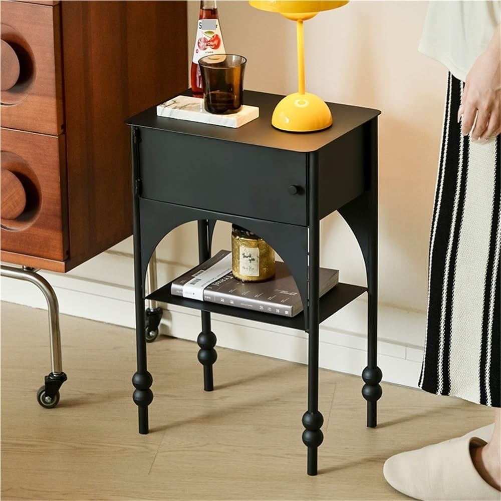 Black Side Table with Drawer, Wrought Iron Nightstand, 2-Tier End Table, Narr...