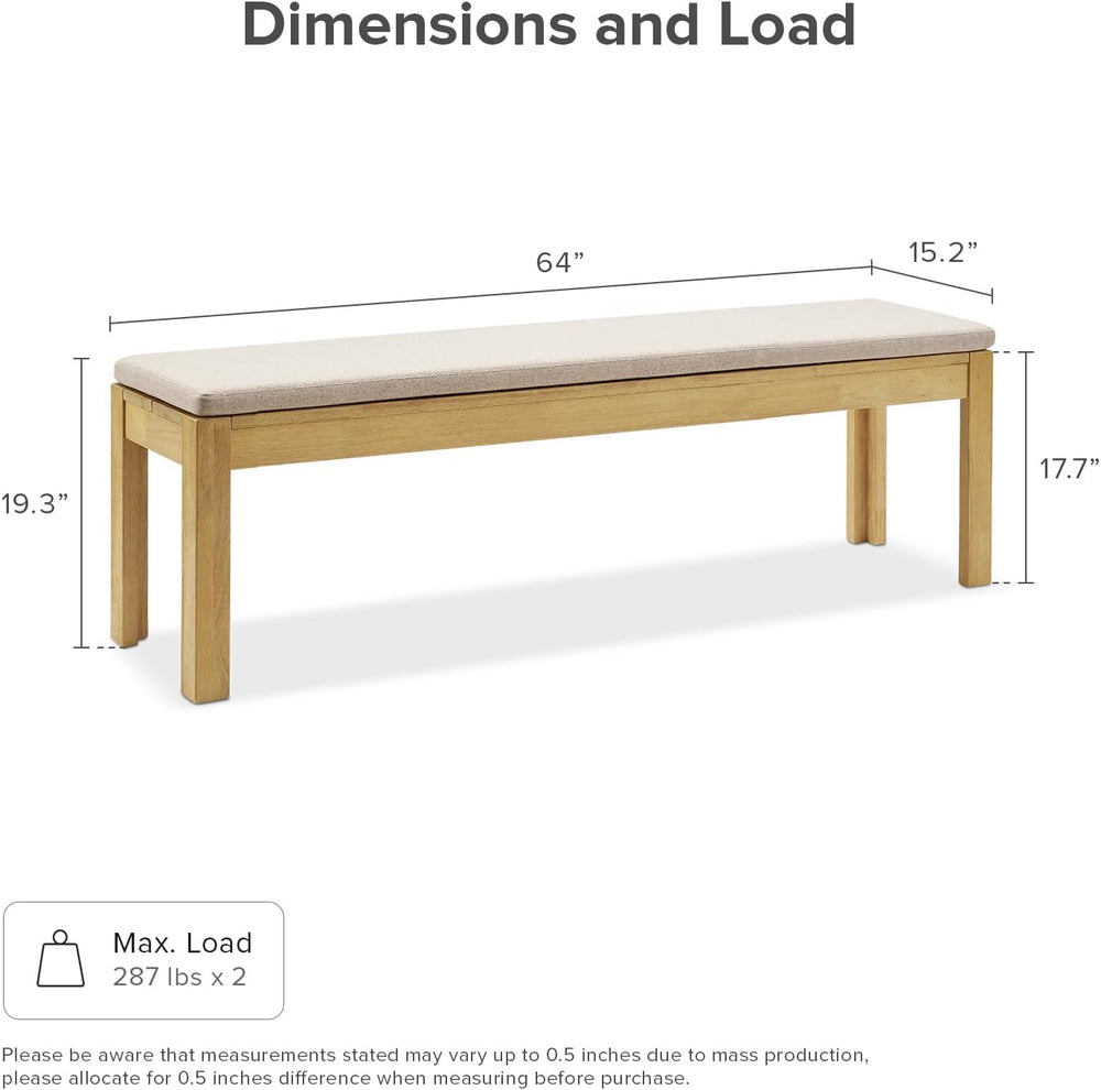 mopio Logan Upholstered Beige Dining Bench, Modern Farmhouse Solid Wood with ...