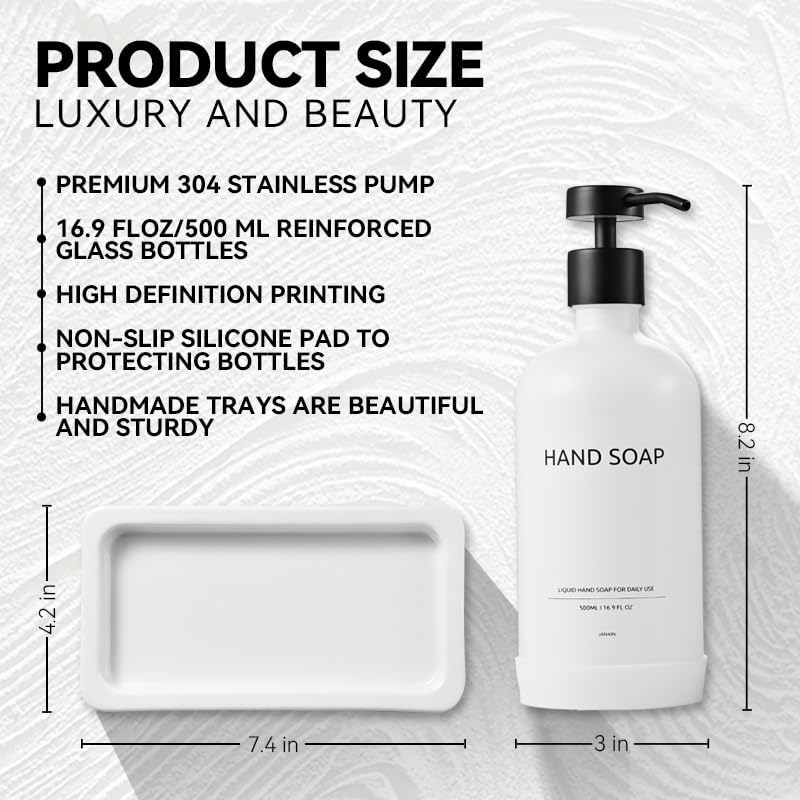 Glass Kitchen Soap Dispenser Set with Ceramic Tray,16.9 floz Hand and Dish Soap Dispenser for Kitchen and Bathroom Decor (White Bottles + Black Pumps)