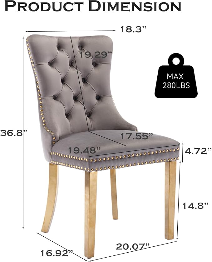 Velvet Upholstered Dining Chairs Set of 6, Modern Style Kitchen Side Chairs with Nailhead Trim and Gold Plated Leg, Metal Pulling Ring for Dining Room Living Room(Gery-Gold Plated Leg)