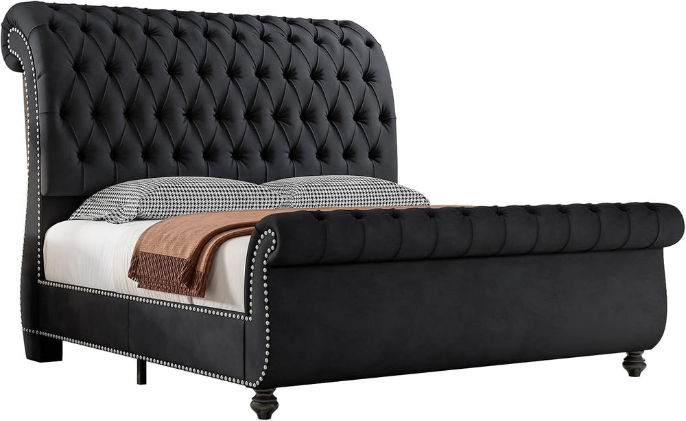 Jocisland Queen Size Bed Frame with Sleigh Headboard & Footboard, Black