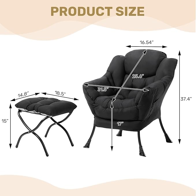 HollyHOME Modern Fabric Large Lazy Chair, Accent Oversized Comfy Reading Chair, Thick Padded Cozy Lounge Chair with Armrest, Leisure Sofa Chair for Living Room, Bedroom, Dorm, Matte Black