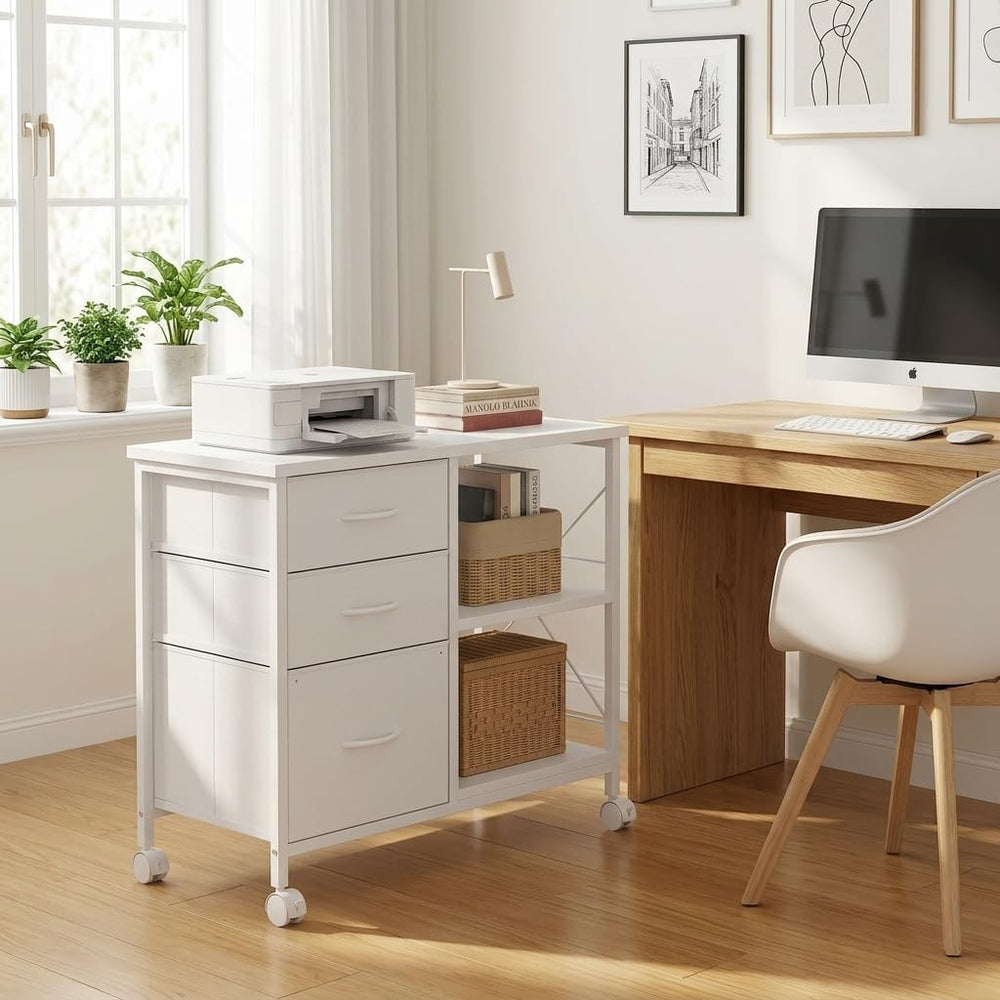 3 Drawer Mobile Filing Cabinet, Industrial White Office Storage Cabinet with ...