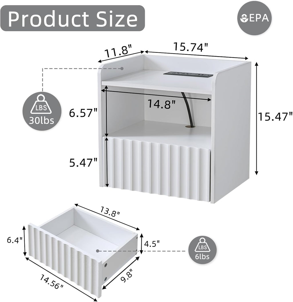 Modern Fluted Floating Nightstand Wall Mounted Set of 2- Bedside Table with Storage Drawer & Display Shelf, Minimalist Bedroom Furniture for Studio Apartments (Matte White)