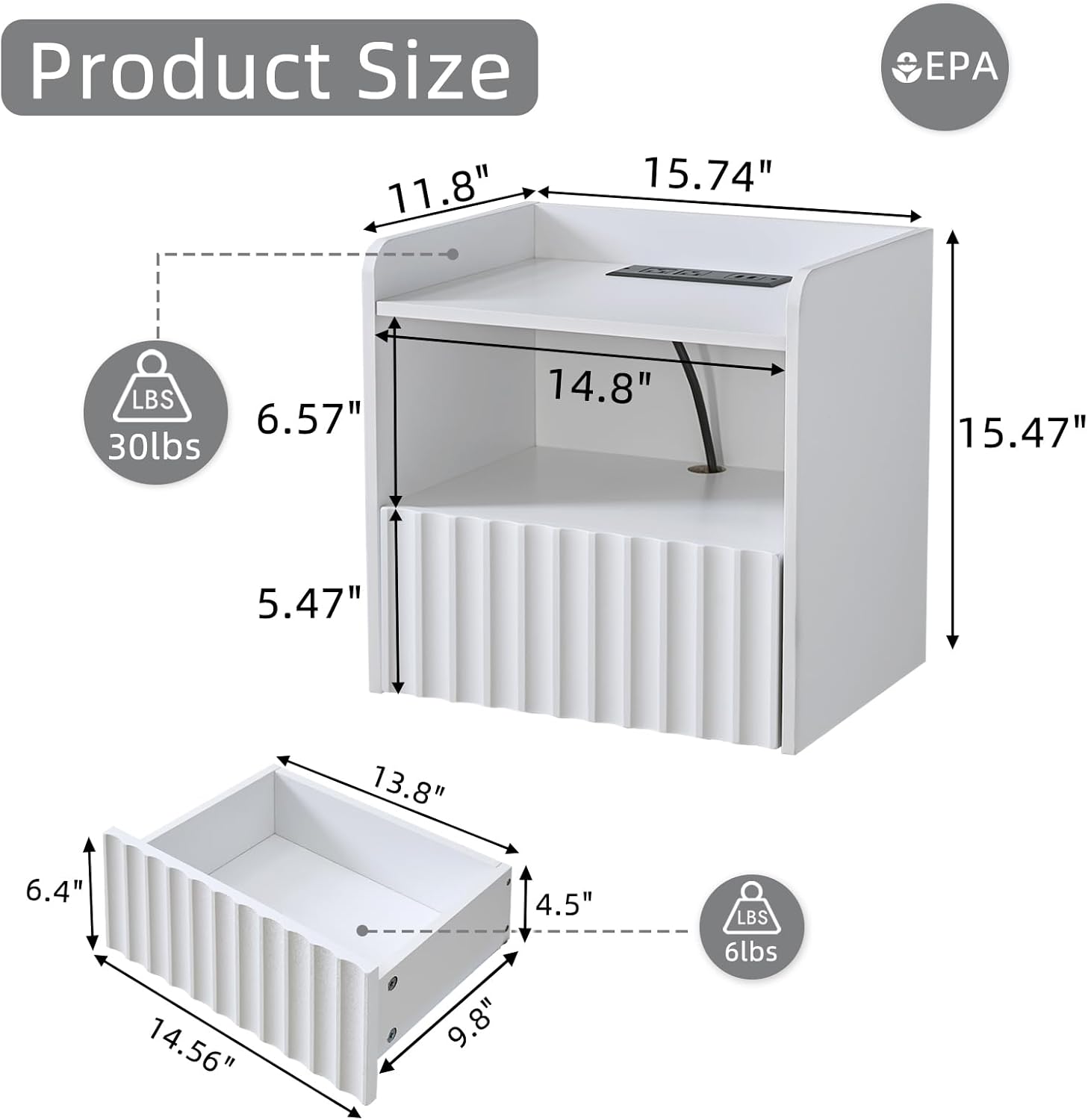 Modern Fluted Floating Nightstand Wall Mounted - Bedside Table with Storage Drawer & Display Shelf, Minimalist Bedroom Furniture for Studio Apartments (Matte White)