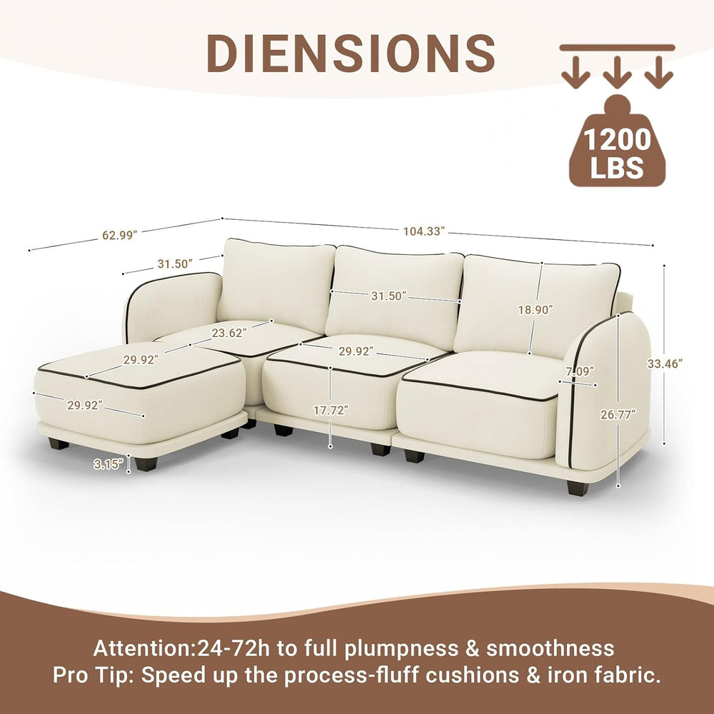 104 Inch L Shaped Modular Sectional Sofa, 4 Seater Modern Cloud Chenille Comf...