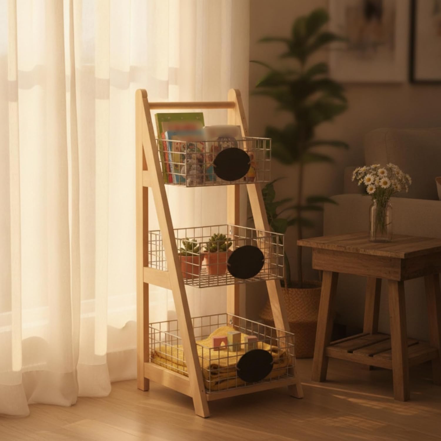 Ladder Storage Rack with Wire Baskets 3 Tiers Freestanding Ladder Shelf Floor-Standing Shelving Unit for Entryway