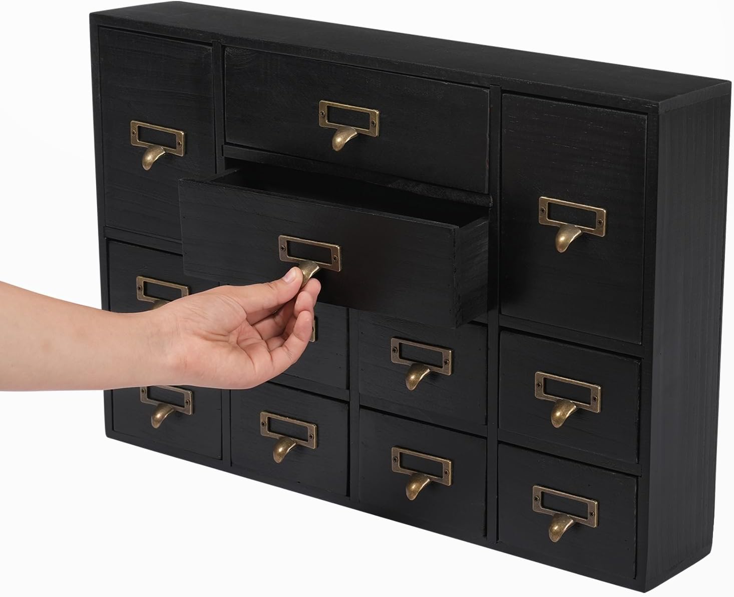 12-Drawer Wooden Storage Cabinet Organizer, Apothecary Cabinet Vintage Library Card Catalog Cabinets for Countertop Apothecary Tea Coffee Pod Storage (Black)