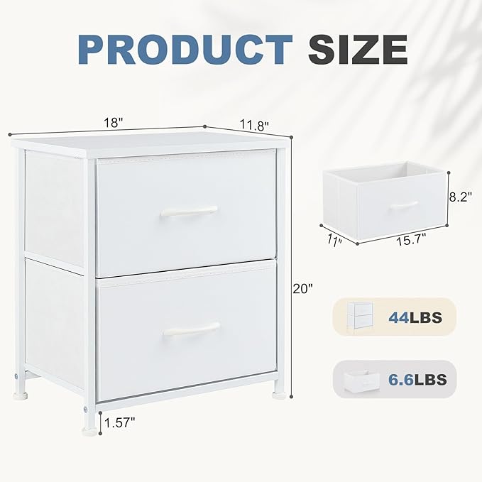 DUMOS Nightstand Small Dresser with 2 Fabric Drawers Side Tables Bedroom End Table Kids Bedside Storage Furniture for 20 inch Tall Night Stand for Closet, Entryway, College Dorm, White(2 Pack)