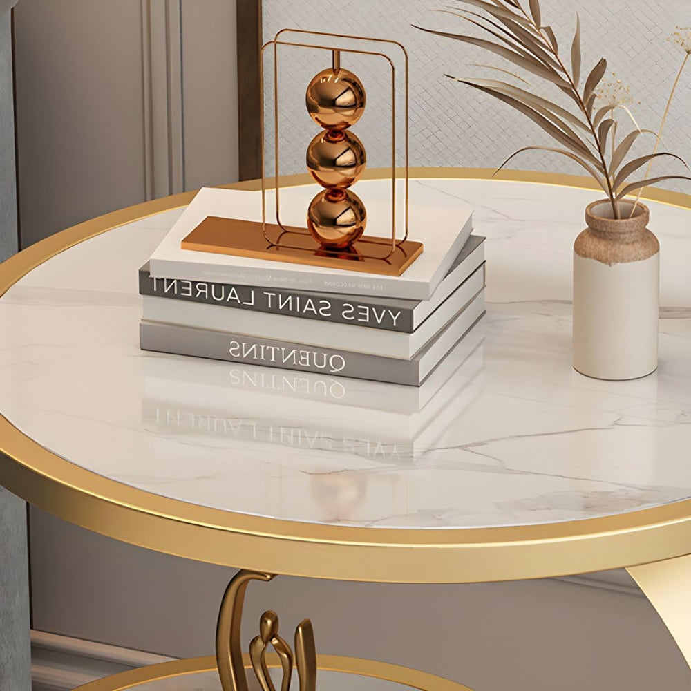 Round Stone Top Side Table with Storage Shelf - Modern End Table for Living R...
