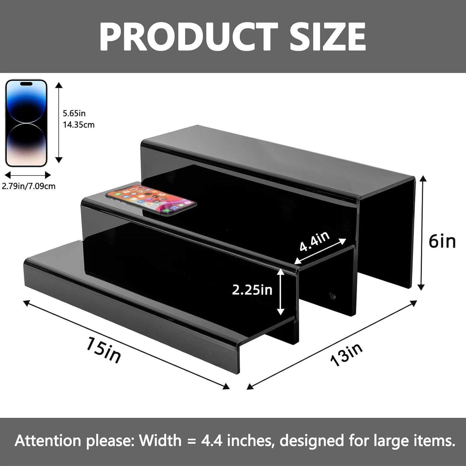 3 Tiers Bar Shelves for Liquor Bottles, 15" Black Acrylic Risers Display Racks Stands for Figures Pops Cupcake Perfume Collections (Patent: D1076520S)