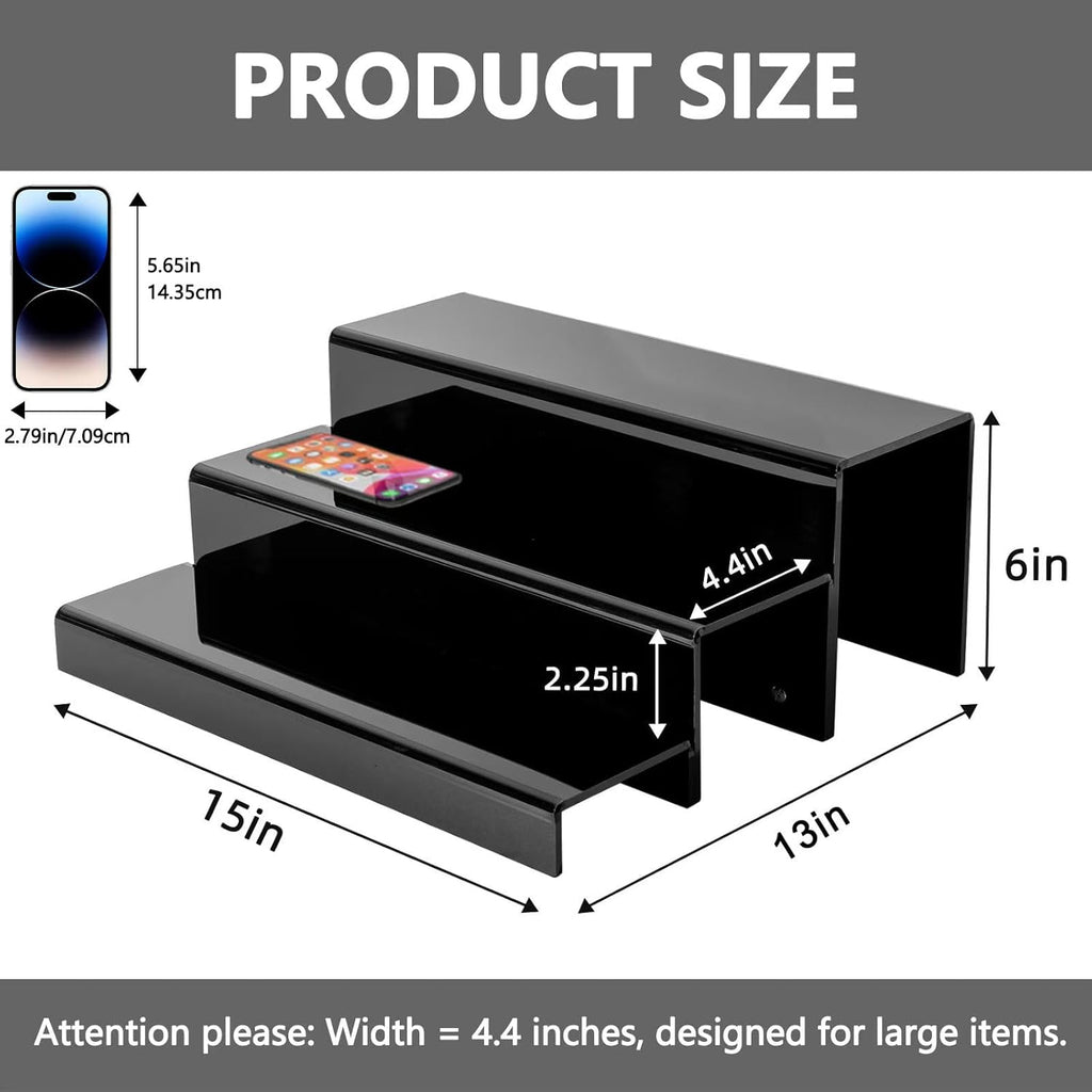 2 Pack Tiers Bar Shelves for Liquor Bottles, 15" Clear Acrylic Risers Display Racks Stands for Figures Pops Cupcake Perfume Collections (Black)