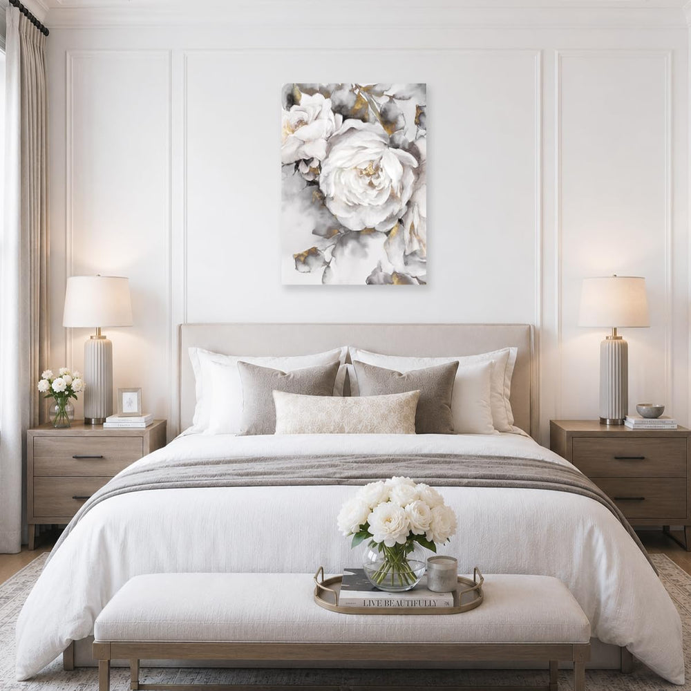 Floral Wall Decor White and Grey Blooming Rose Flower with Gold Canvas Wall A...