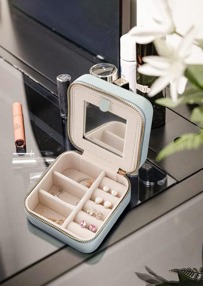 S.Leaf Travel Jewelry Organizer Boxes for Women Small Portable Necklace Earrings Bracelet Rings Travel Case Best Friend Birthday Gifts for Women Trendy (Butterfly_Hazeblue_Gold)