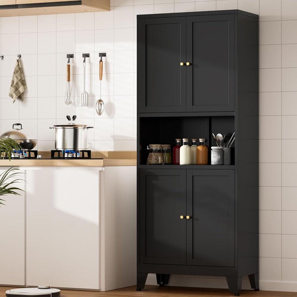 Metal Kitchen Pantry Cabinet, 69" Tall Black Storage Cabinet with 4 Door...
