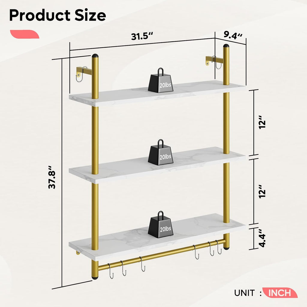 Bestier 31" Industrial Pipe Shelving, Floating Kitchen Wall Shelves 3 Tier Coffee Bar Shelves for Wall with 8 Hooks, Hanging Display Shelf Bookshelf for Living Room Bathroom, White Marble