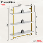 Bestier 31" Industrial Pipe Shelving, Floating Kitchen Wall Shelves 3 Tier Coffee Bar Shelves for Wall with 8 Hooks, Hanging Display Shelf Bookshelf for Living Room Bathroom, White Marble