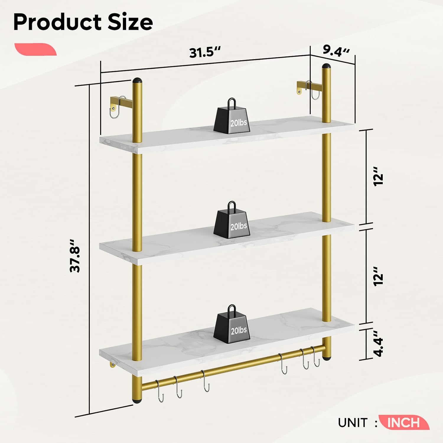 Bestier 31" Industrial Pipe Shelving, Floating Kitchen Wall Shelves 3 Tier Coffee Bar Shelves for Wall with 8 Hooks, Hanging Display Shelf Bookshelf for Living Room Bathroom, White Marble