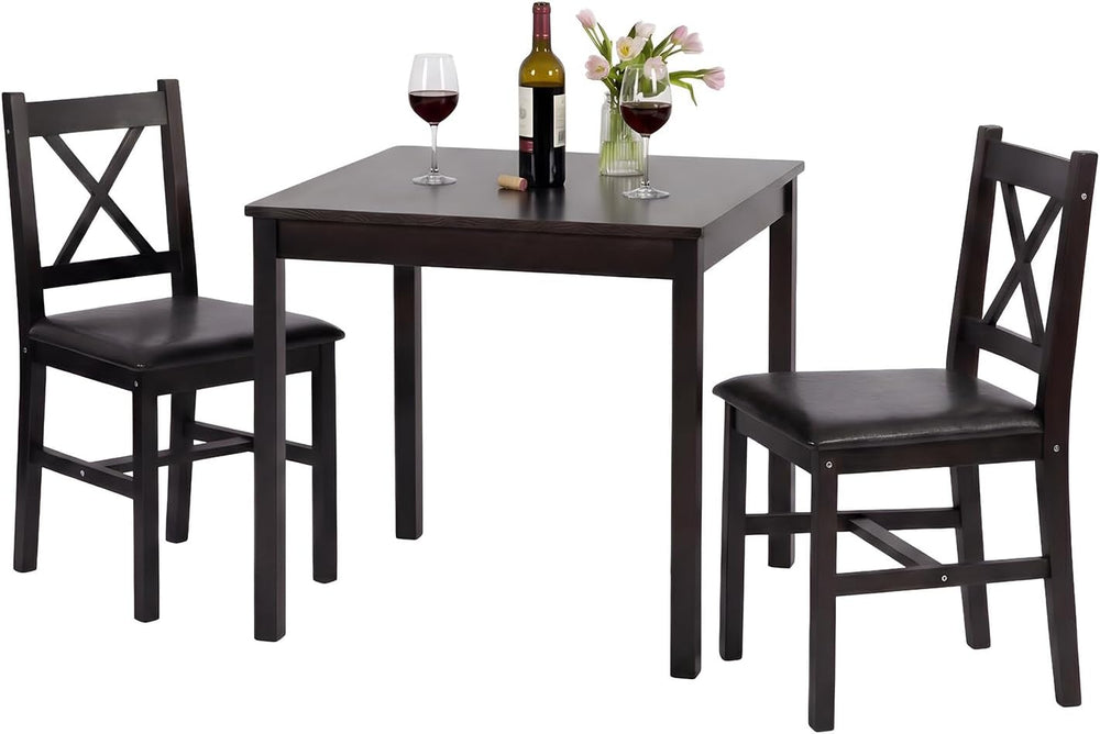 FDW | 3-Piece Solid Wood Dining Table Set for 2 | Brown | Space-Saving Design...