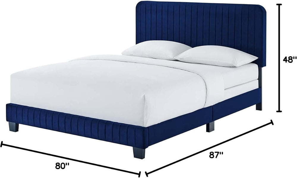 Tufted Platform Bed Frame, King Size, Velvet, Blue Navy, Modern Contemporary,...